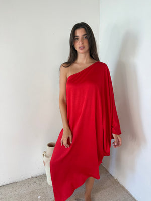 One Shoulder Satin Midi Dress