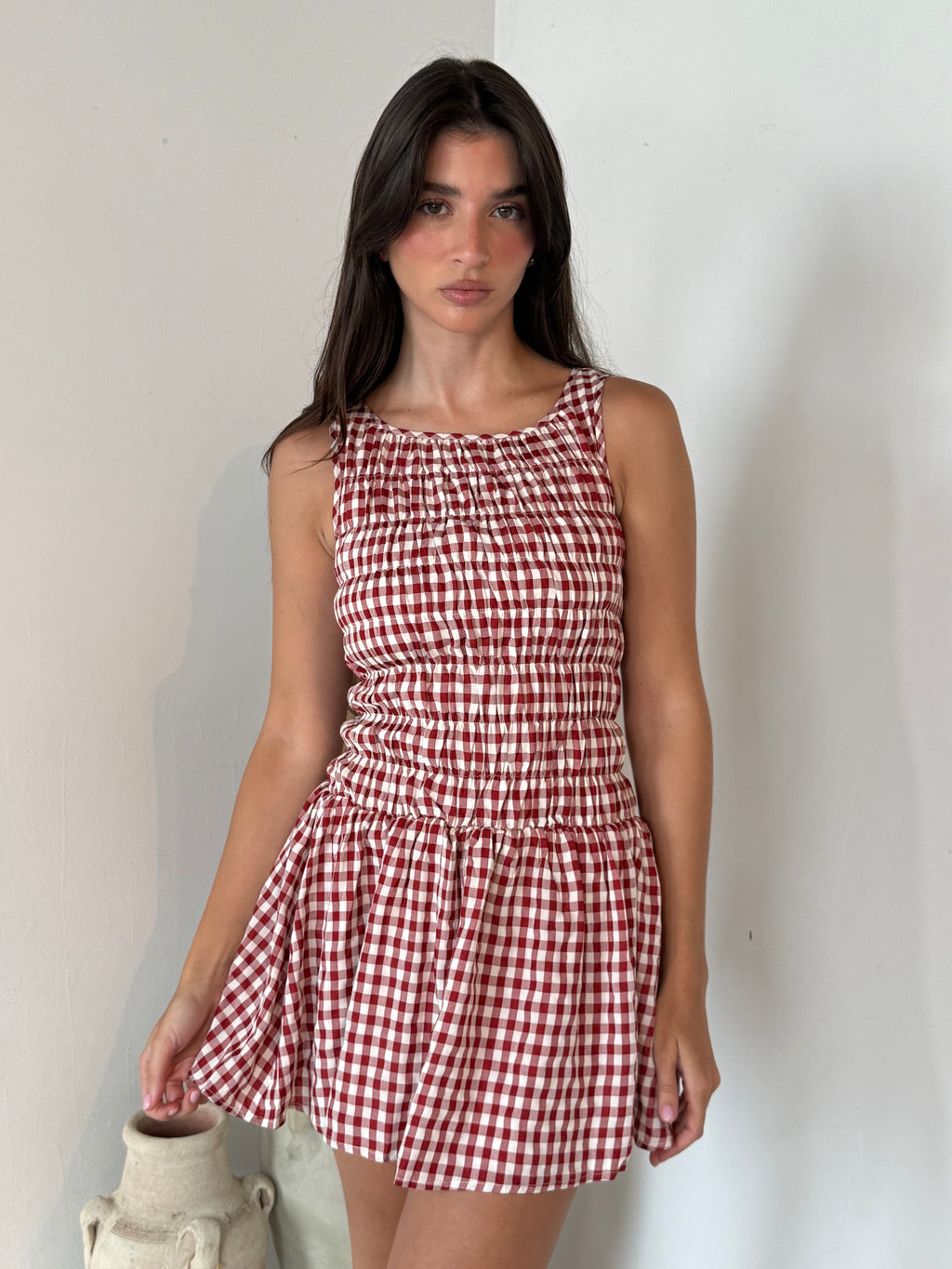 Red Smocked Checkered Dress