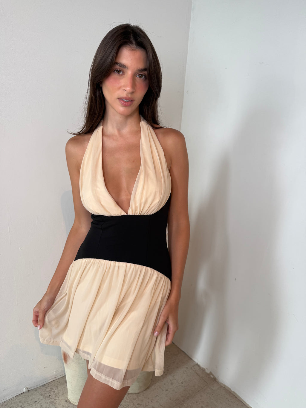 Halter Cream Black Mini Dress