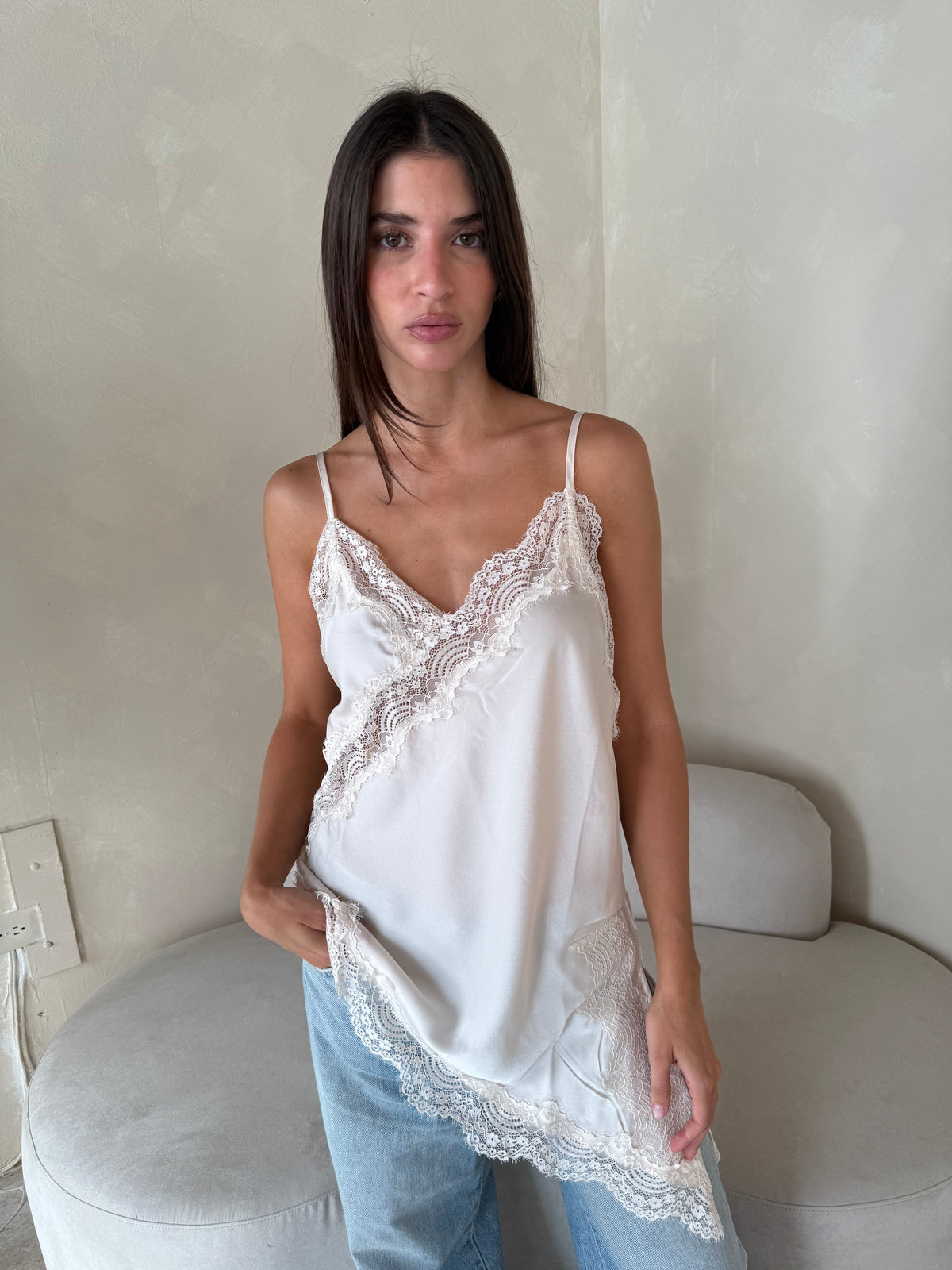 Cream Satin Lace Top