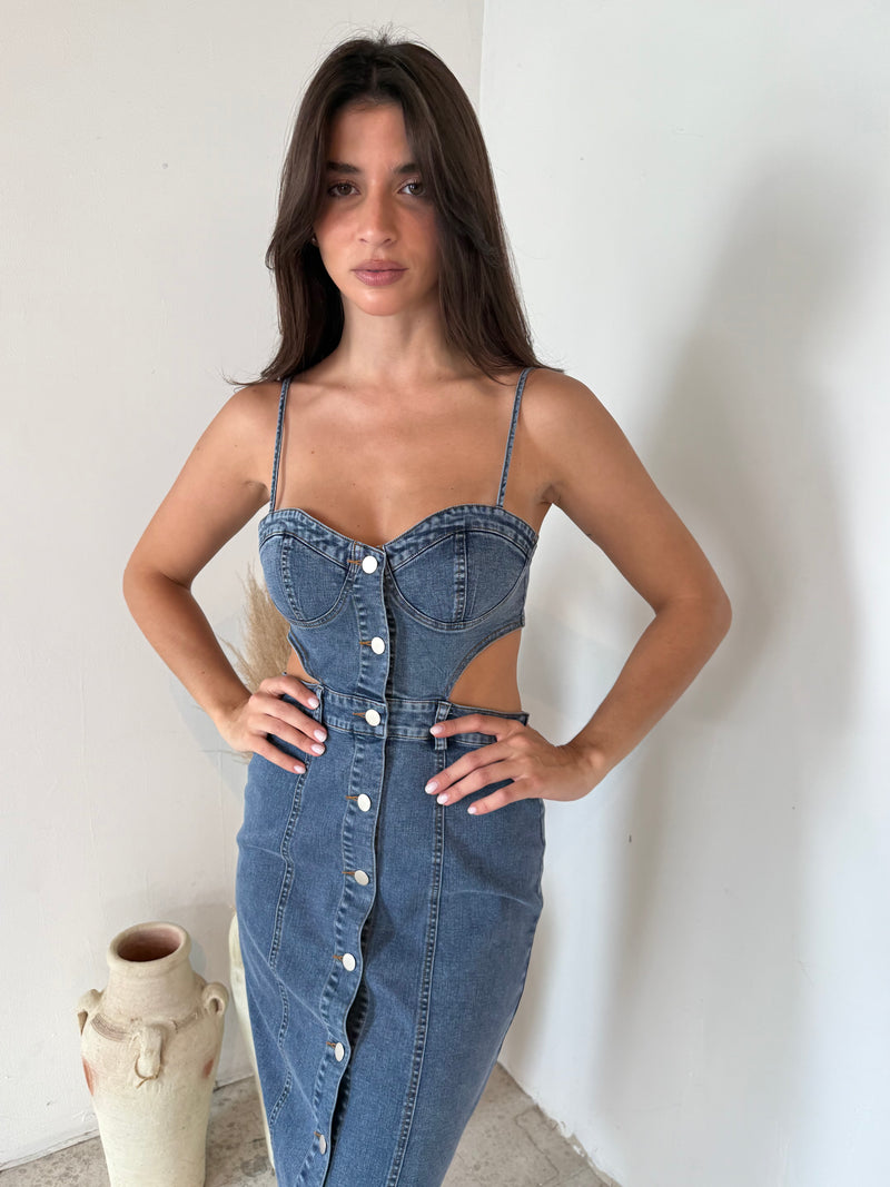 Denim Cut Out Midi Dress