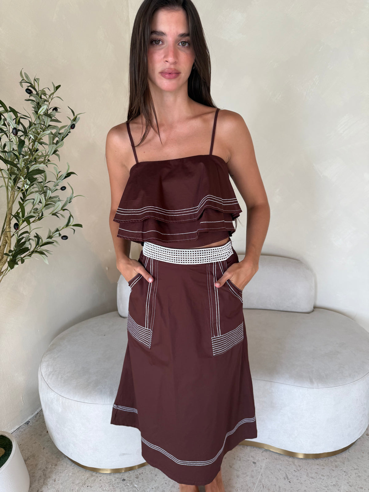 Chocolate Ruffle Top & Midi Skirt Set