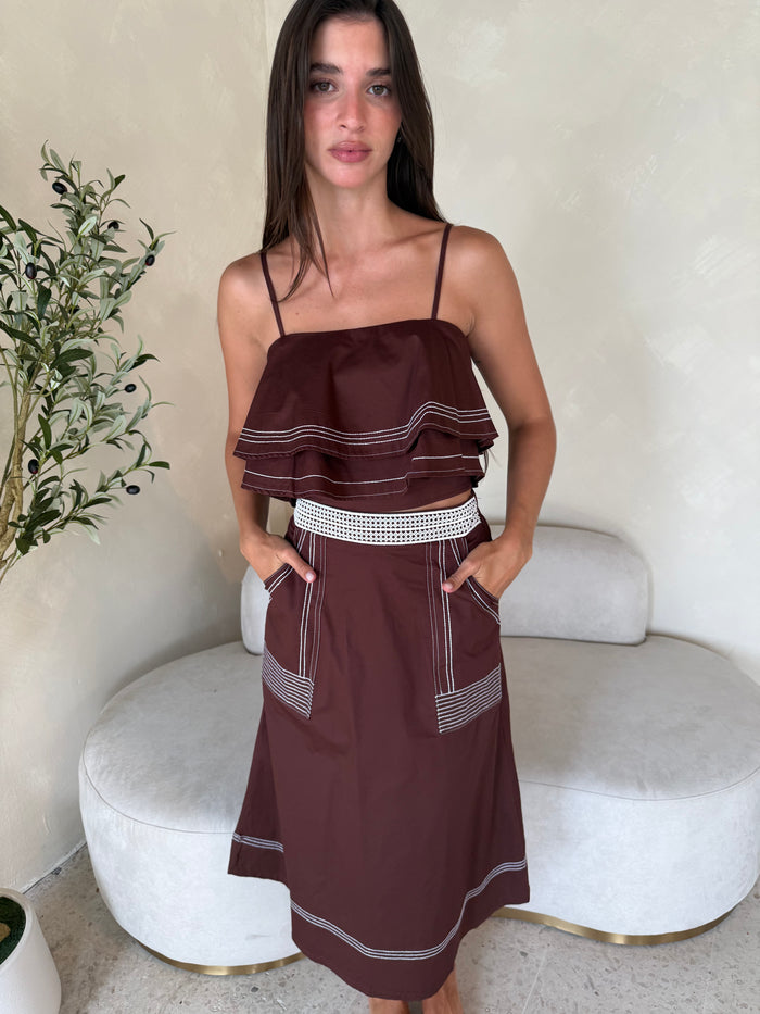 Chocolate Ruffle Top & Midi Skirt Set
