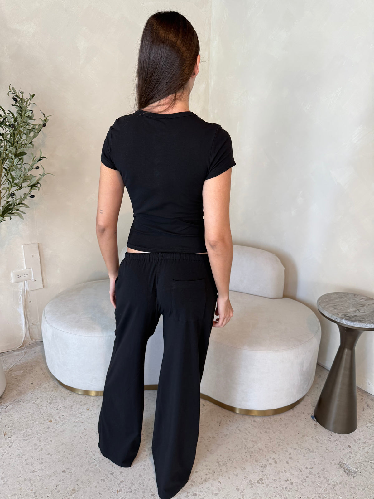 SS Button Top & Drawstring Wide Leg Pants