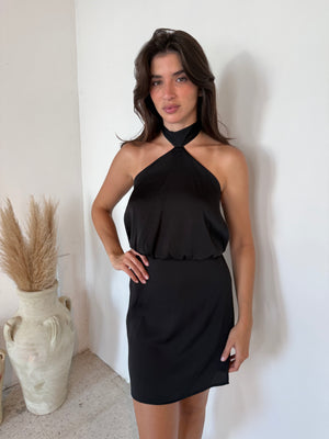 Black Satin Halter Dress