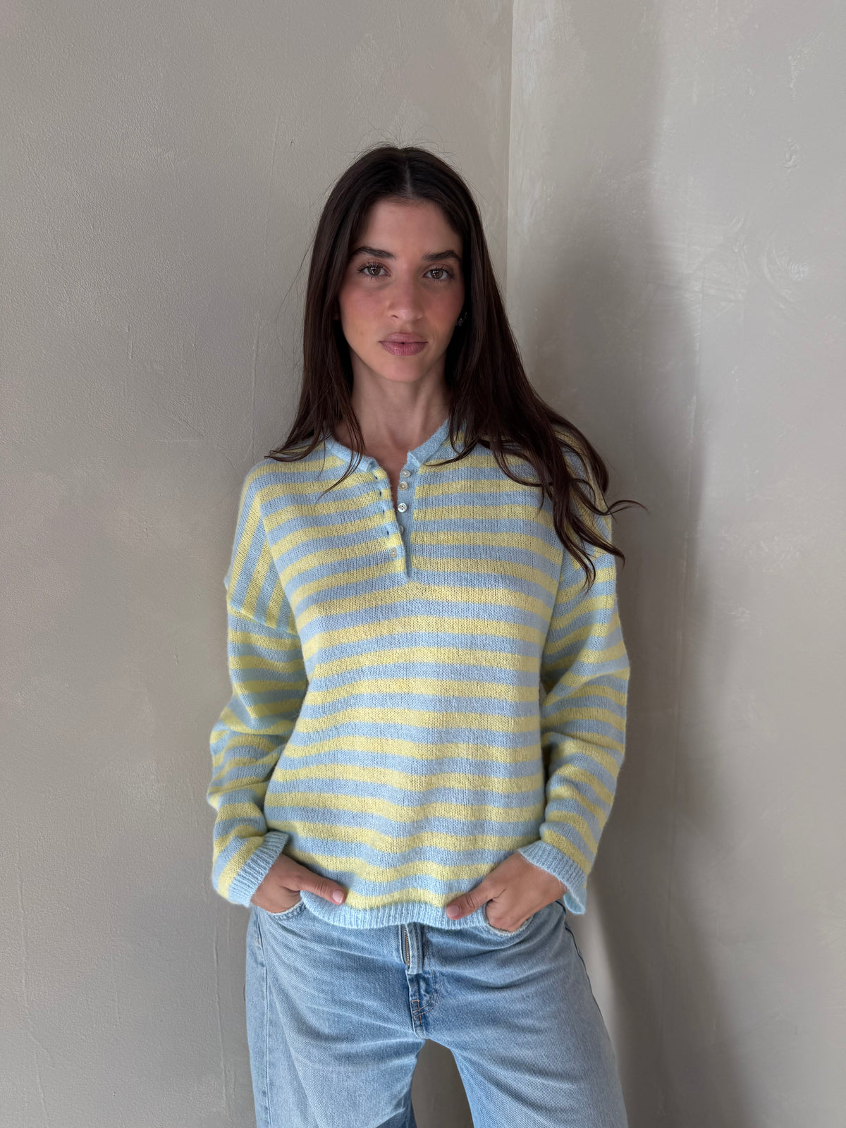 LS Stripe Button Sweater