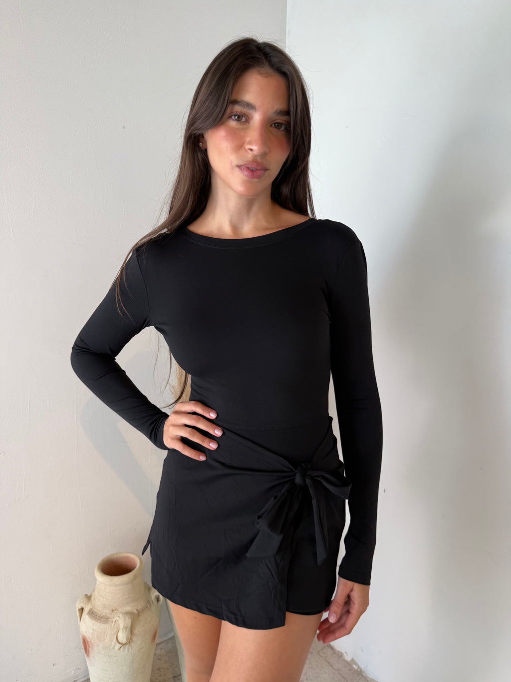 Black LS Wrap Tie Active Dress