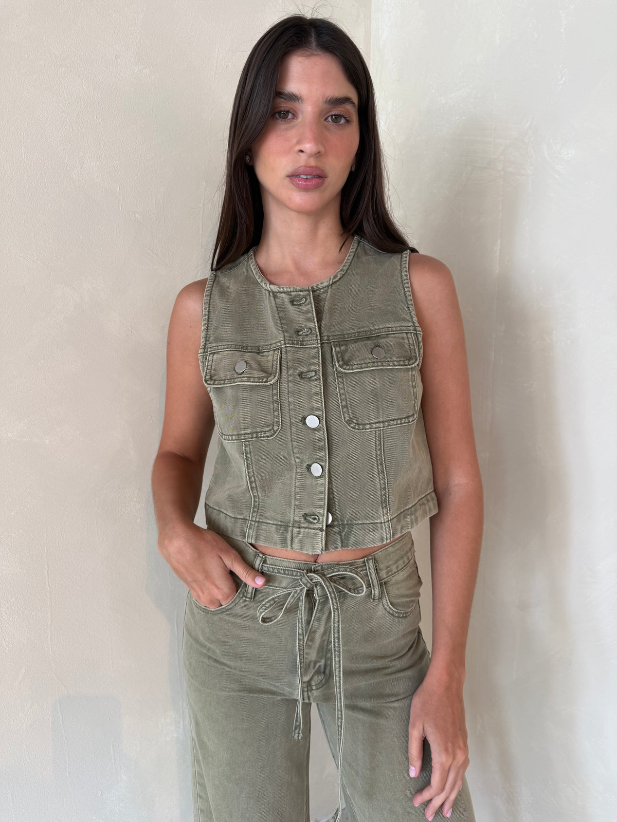 Olive Button Down Top & Drawstring Pant Set