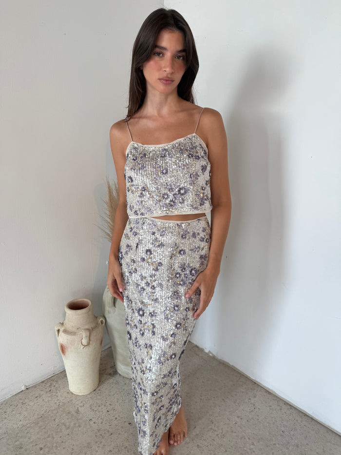 Purple Detail Sequin Top & Skirt Set