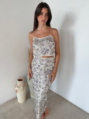 Purple Detail Sequin Top & Skirt Set