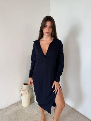Navy Collar LS Dress