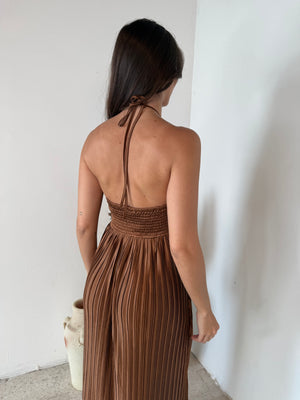 Shimmer Brown Pleated Maxi Dress