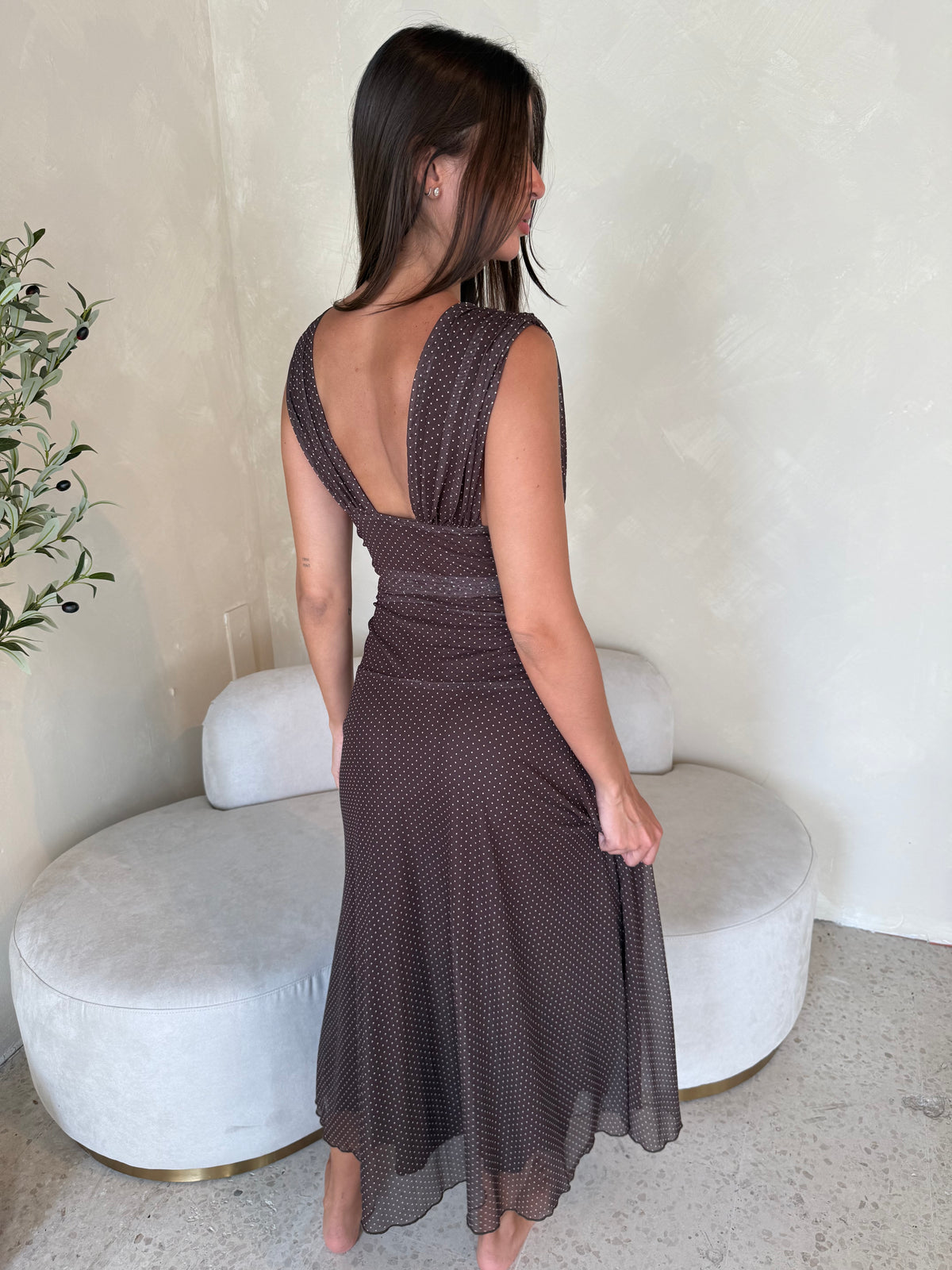 Mesh Brown Polka Midi Dress