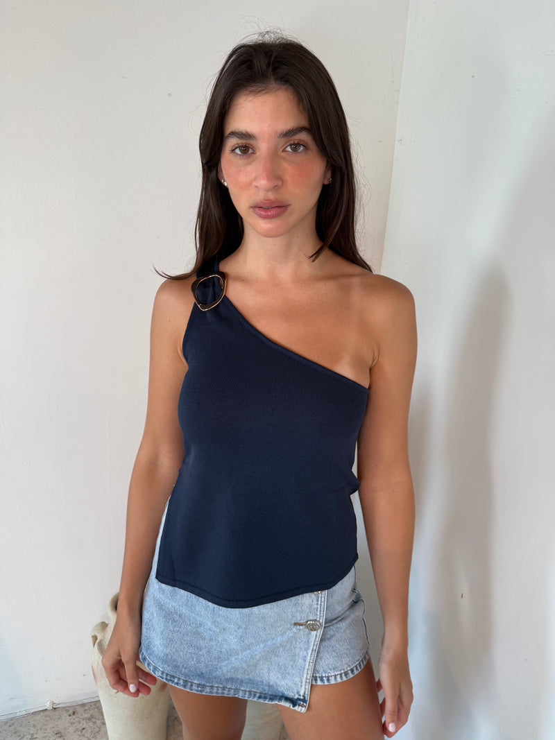 Navy One Shoulder Top