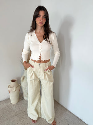 Ecru Pleated Wide Leg Jean