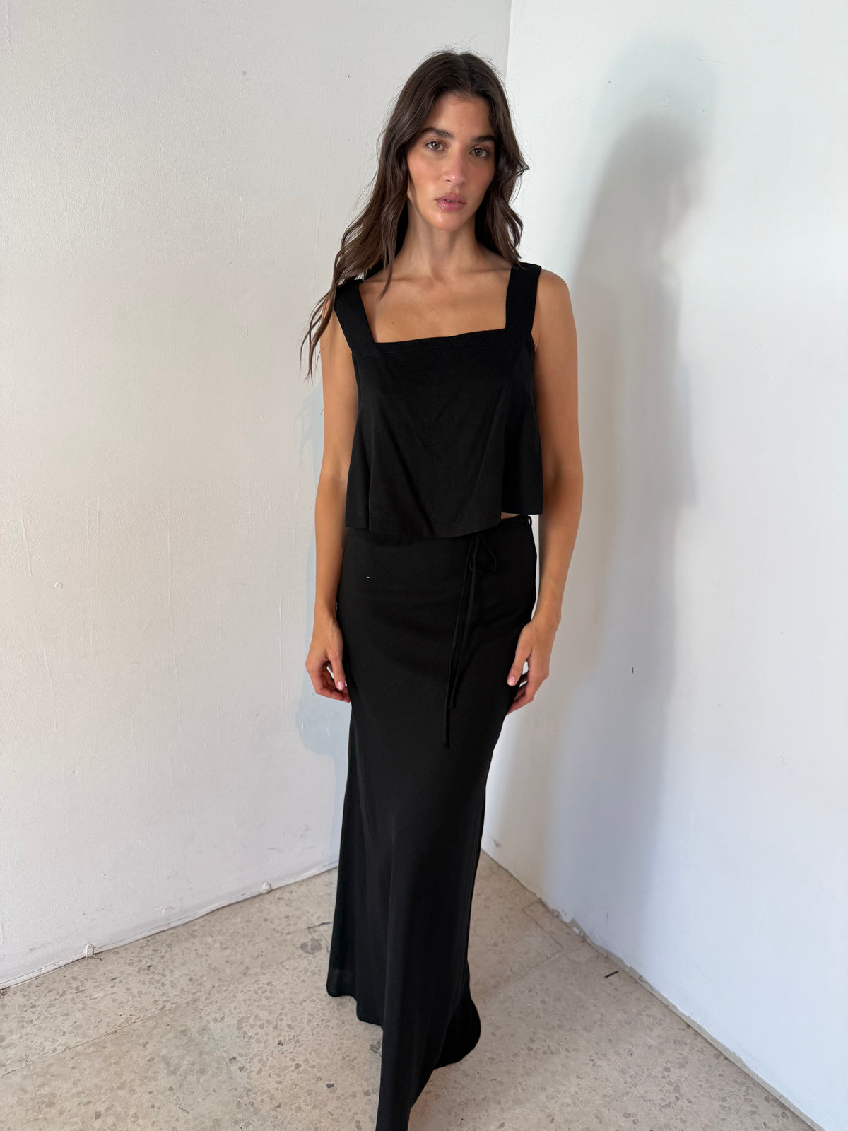 Linen Flare Crop Top And Bias Maxi Skirt