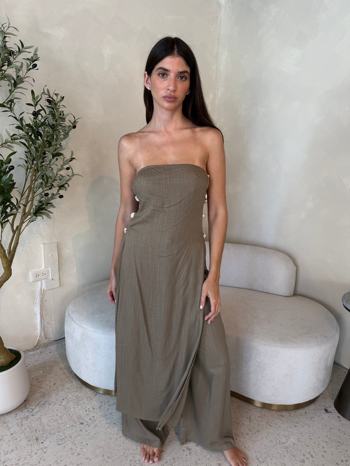 Taupe Beaded Top & Pant Set