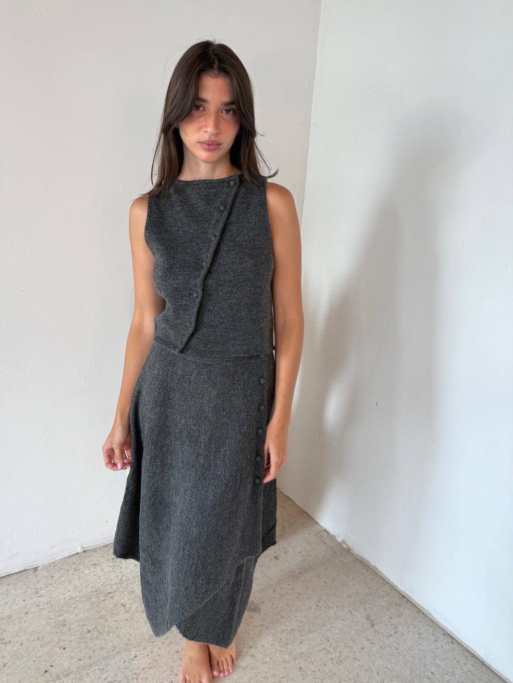 Charcoal Boat Neck Buttondown Top & Midi Skirt Set