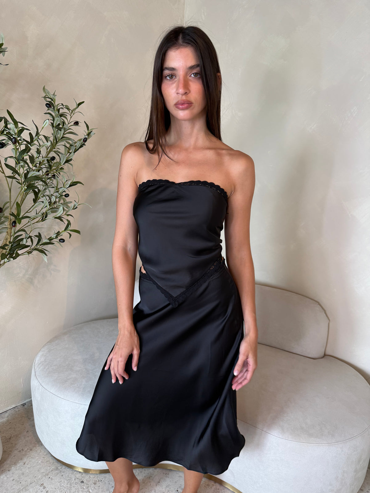 Black Satin Tube Top & Skirt Set
