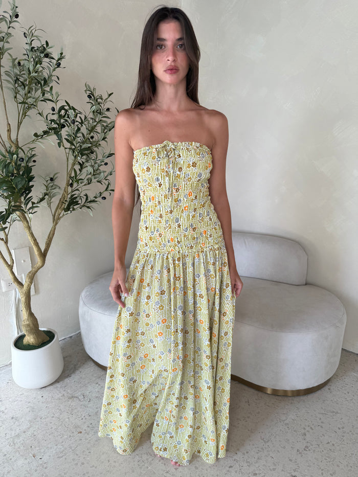 Yellow Floral Smocked Maxi Dress