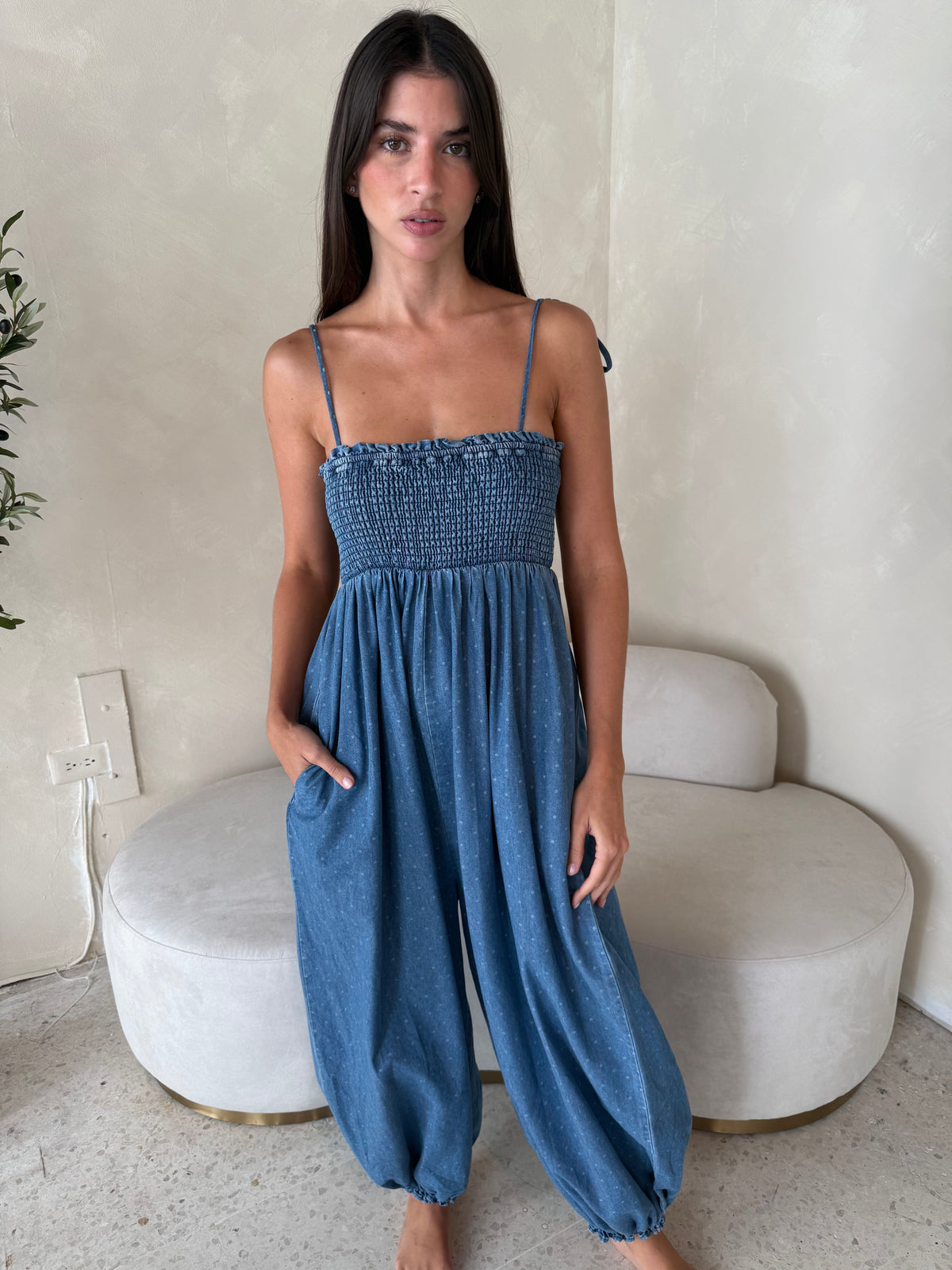 Polka Denim Smocked Jumpsuit