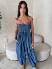 Polka Denim Smocked Jumpsuit
