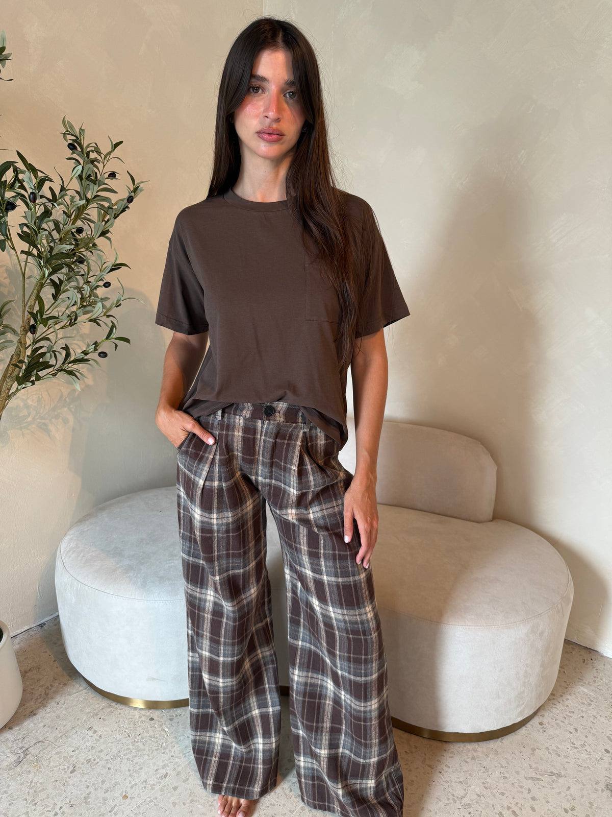 Brown Plaid Gathered Pants