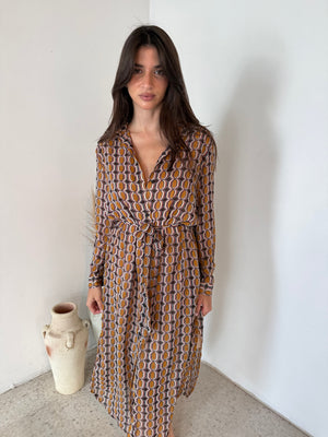 Printed Ochre LS Belted Dress
