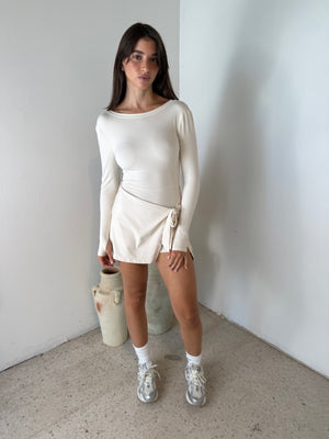 Cream LS Wrap Tie Dress