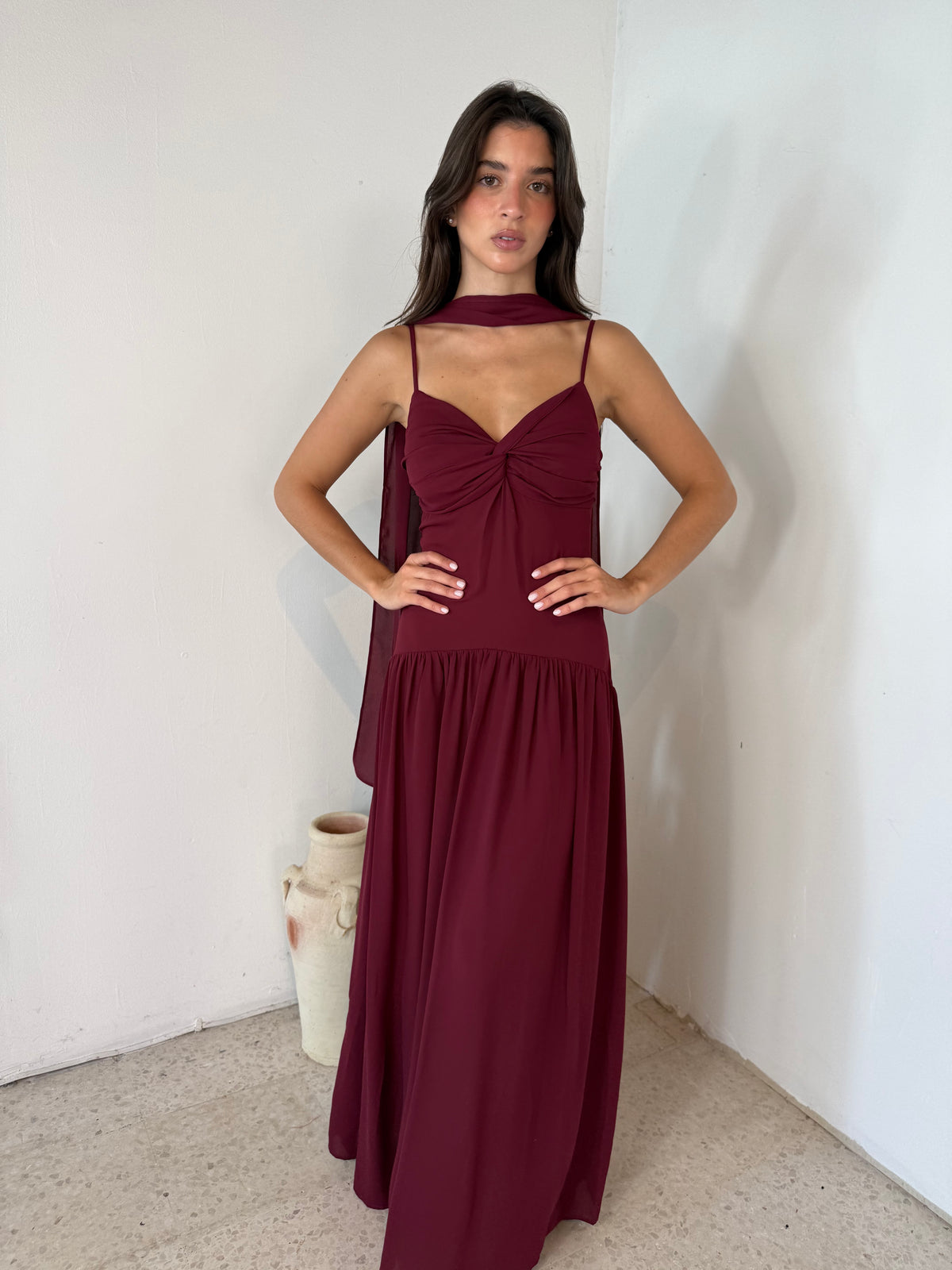 Wine Pleated Long Dress