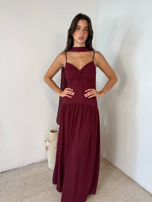 Wine Pleated Long Dress
