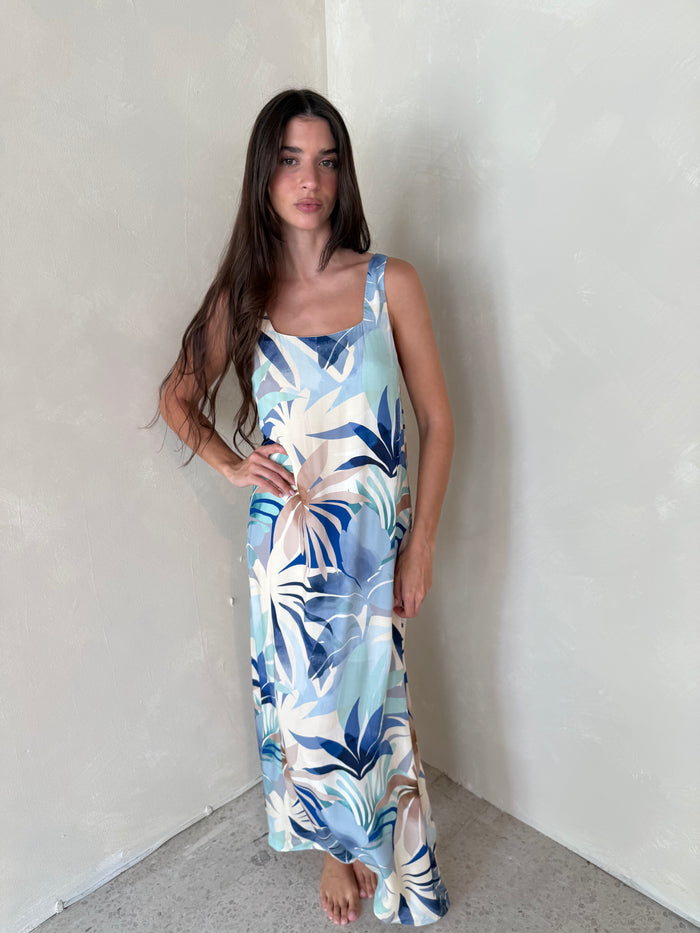 Blue Palm Printed Maxi Dress
