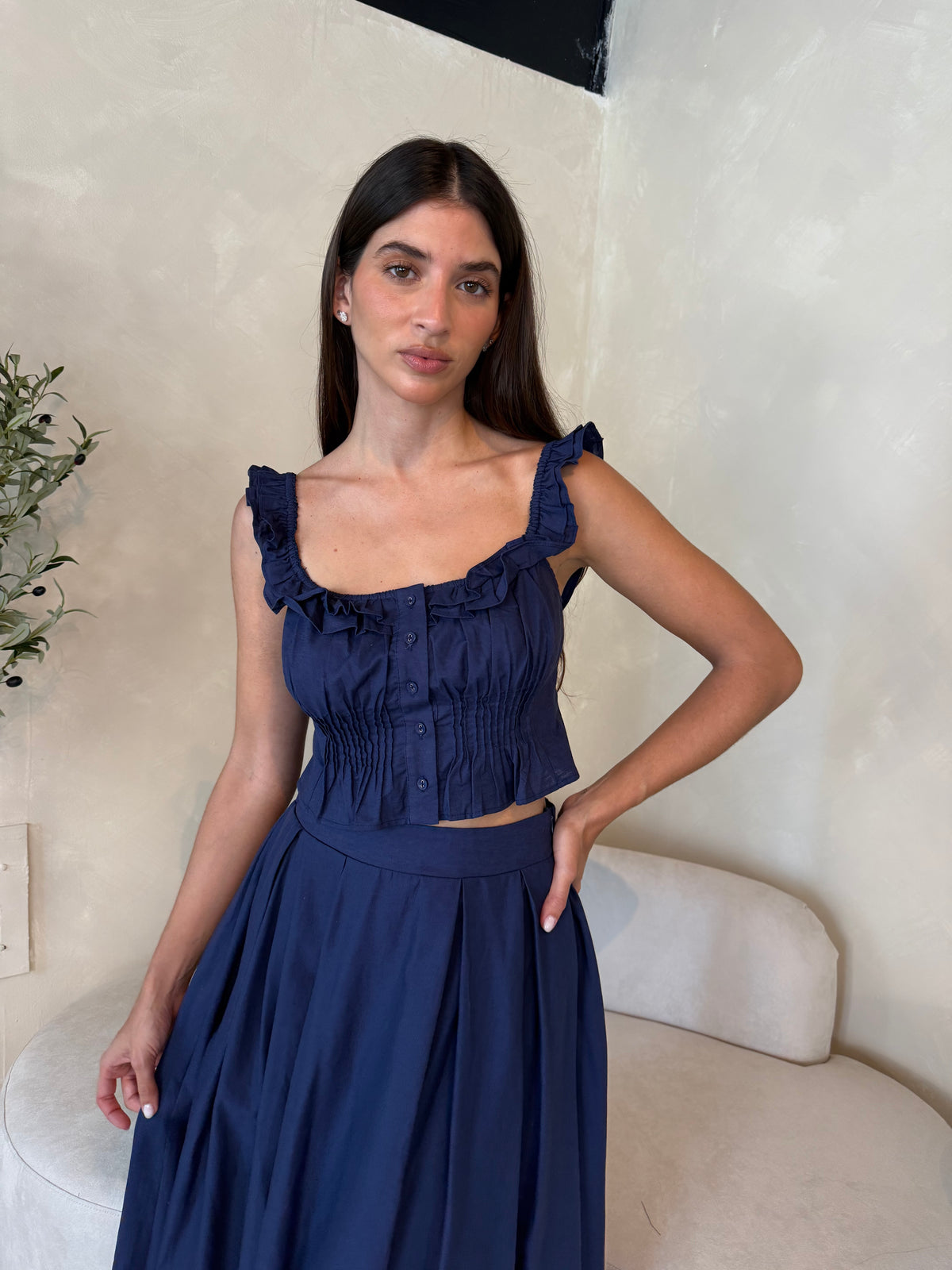 Navy Frilled Top & Midi Skirt Set