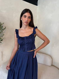 Navy Frilled Top & Midi Skirt Set