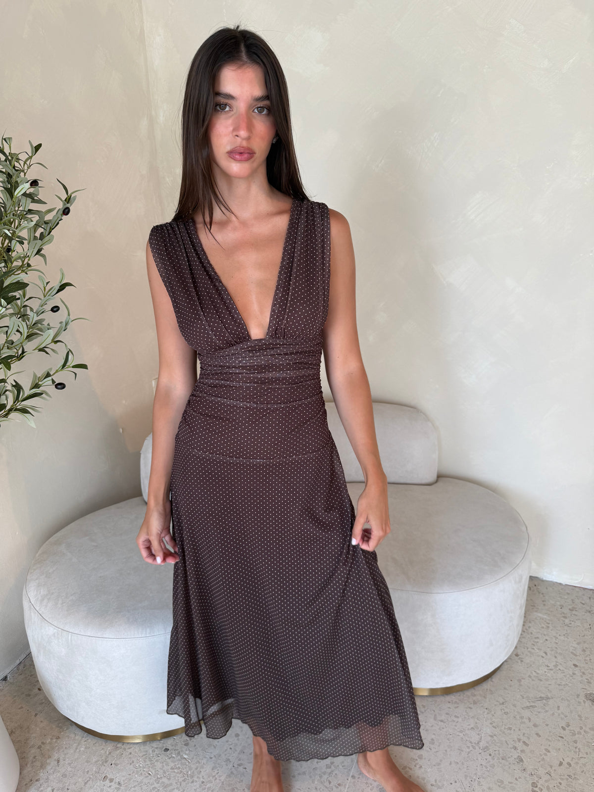 Mesh Brown Polka Midi Dress