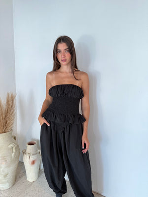 Black Smocked Detail Tube Top & Pant Set