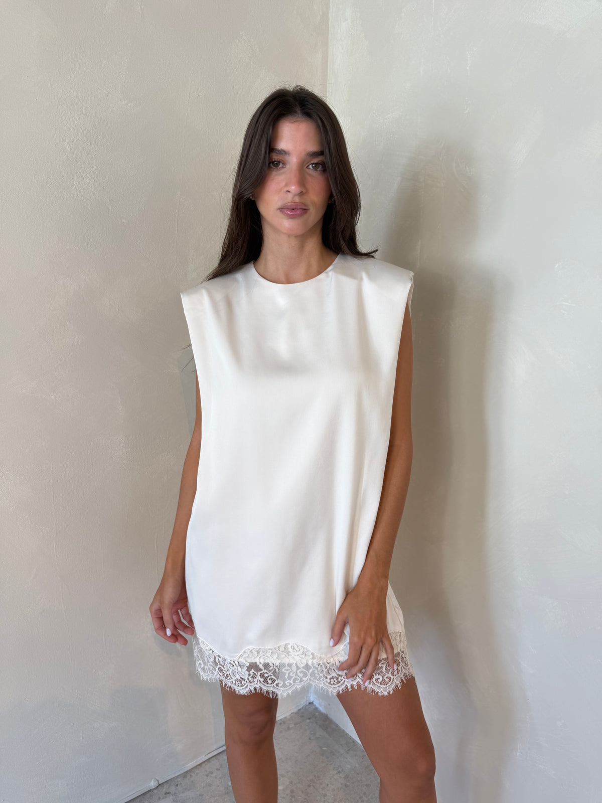 Shoulder Pad Lace Hem Dress