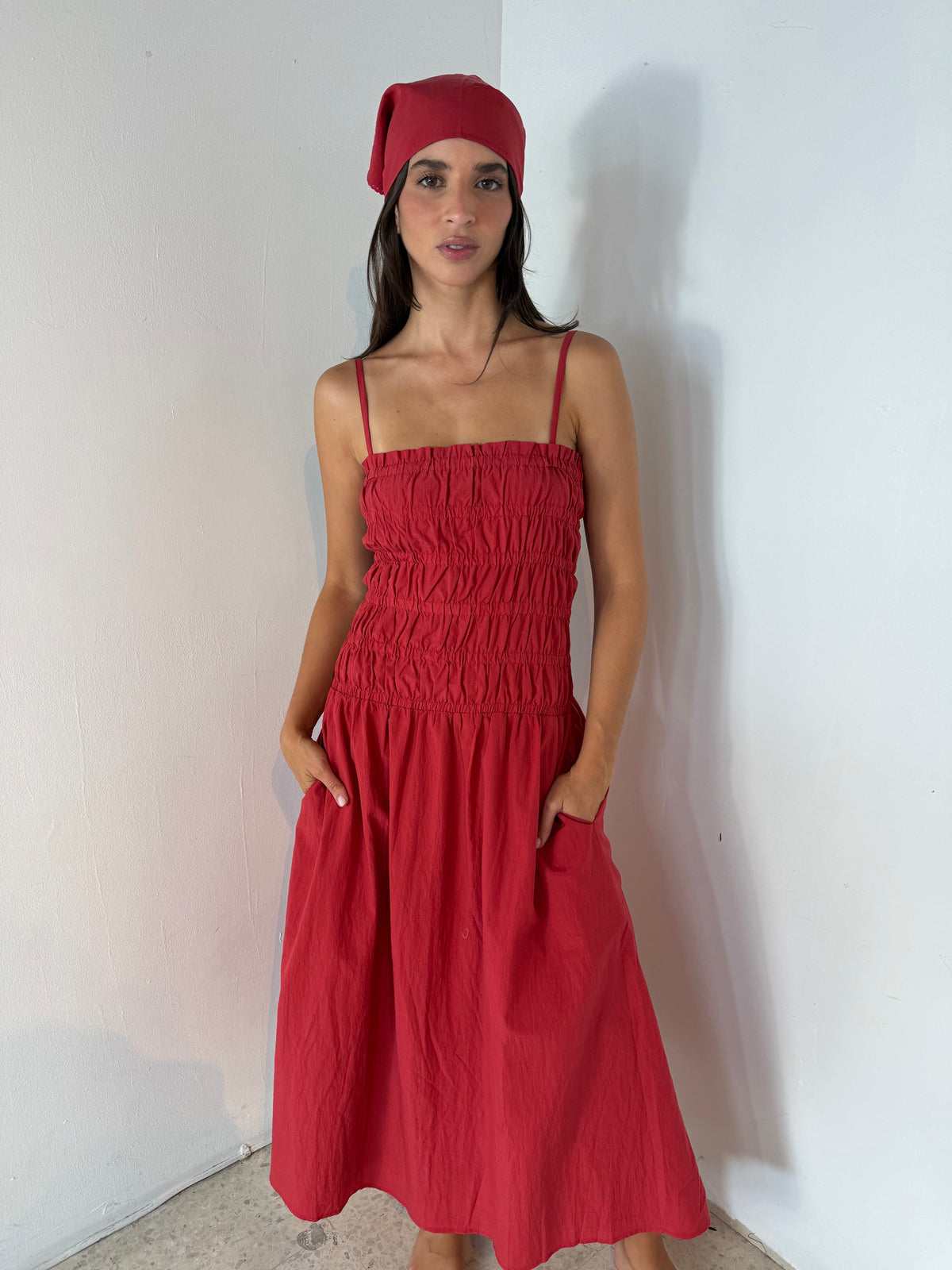 Strappy Smocked Midi Dress & Scarf