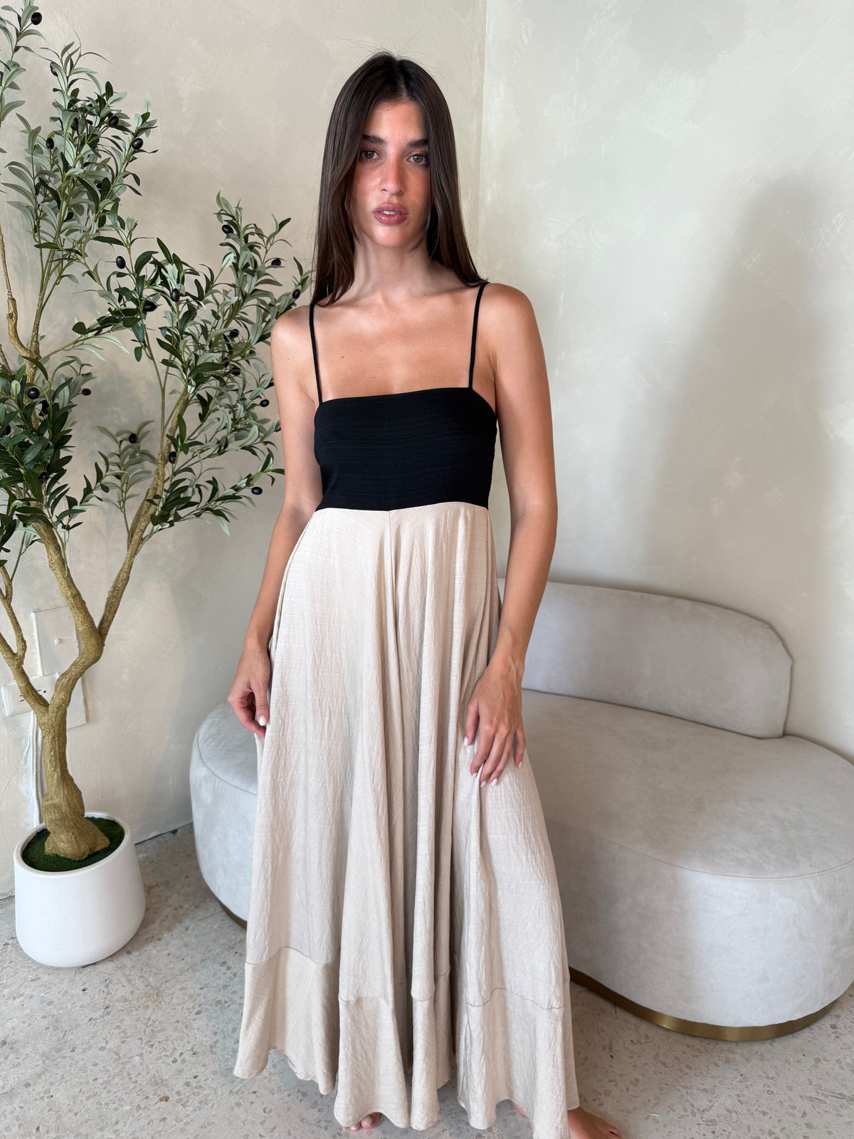 Taupe Black Color Block Maxi Dress