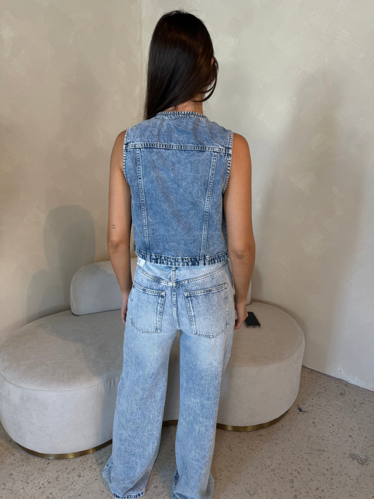 Denim Button Vest & Drawstring Pant Set