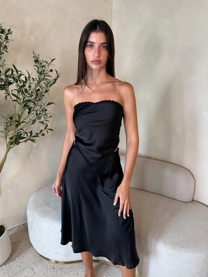 Black Satin Tube Top & Skirt Set
