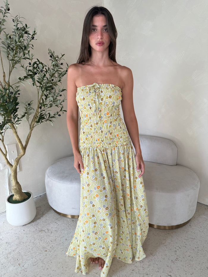 Yellow Floral Smocked Maxi Dress