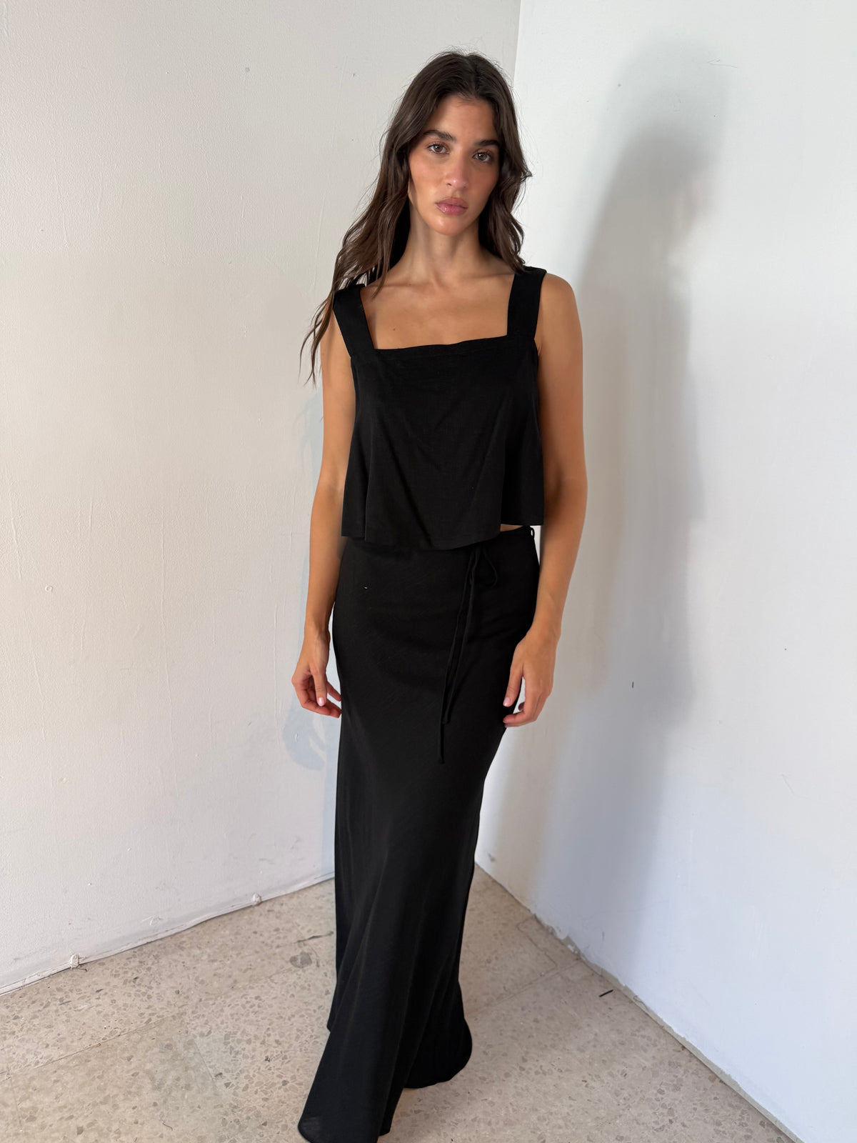 Linen Flare Crop Top And Bias Maxi Skirt