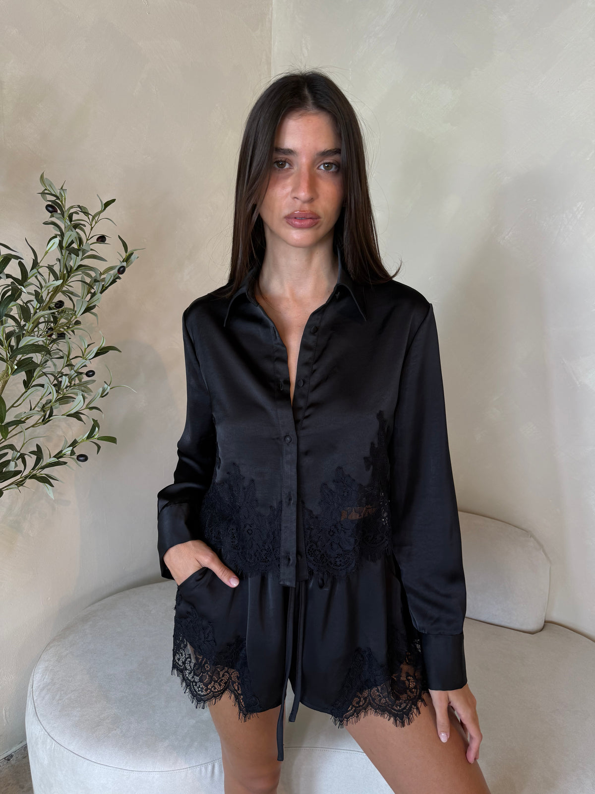 Satin Lace Trim Top & Short Set