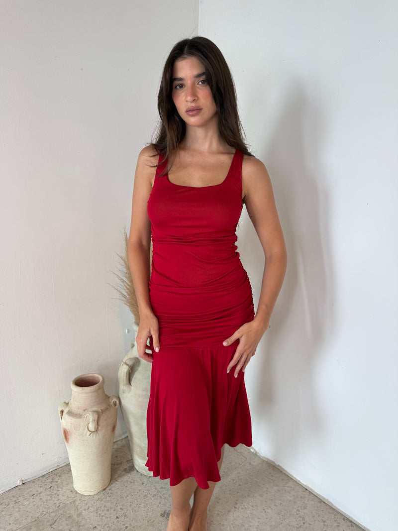 Red Ruched Midi Dress