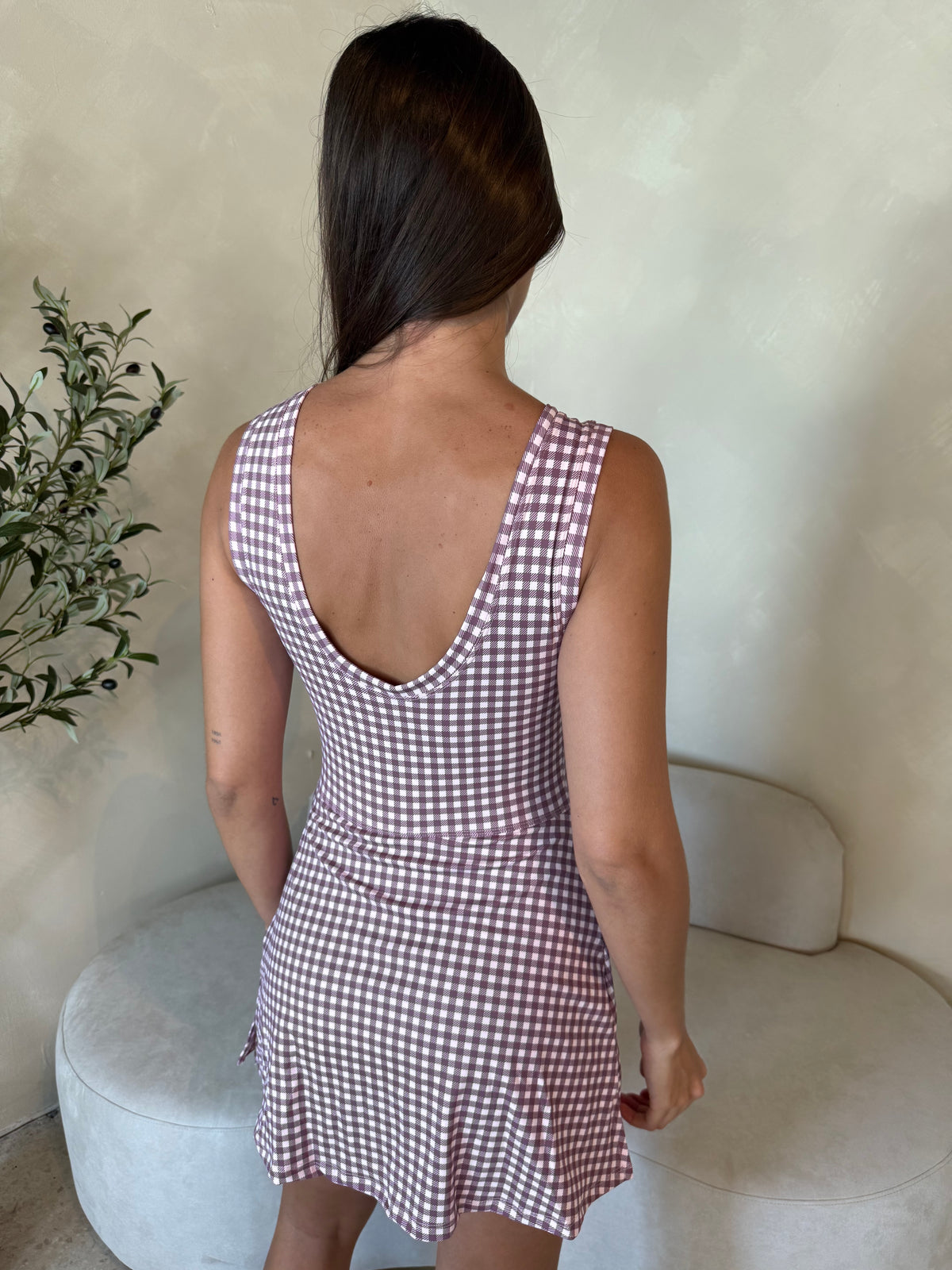 Mauve Gingham Active Romper Dress