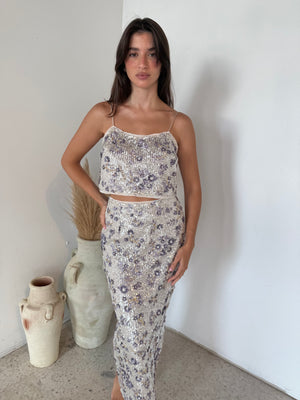 Purple Detail Sequin Top & Skirt Set