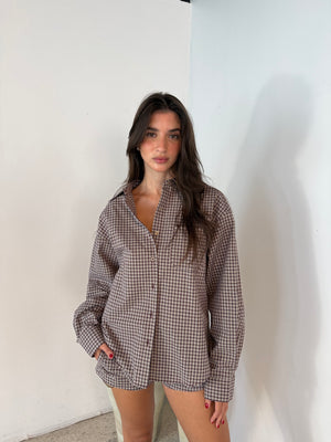 Brown Plaid LS Top & Short Set