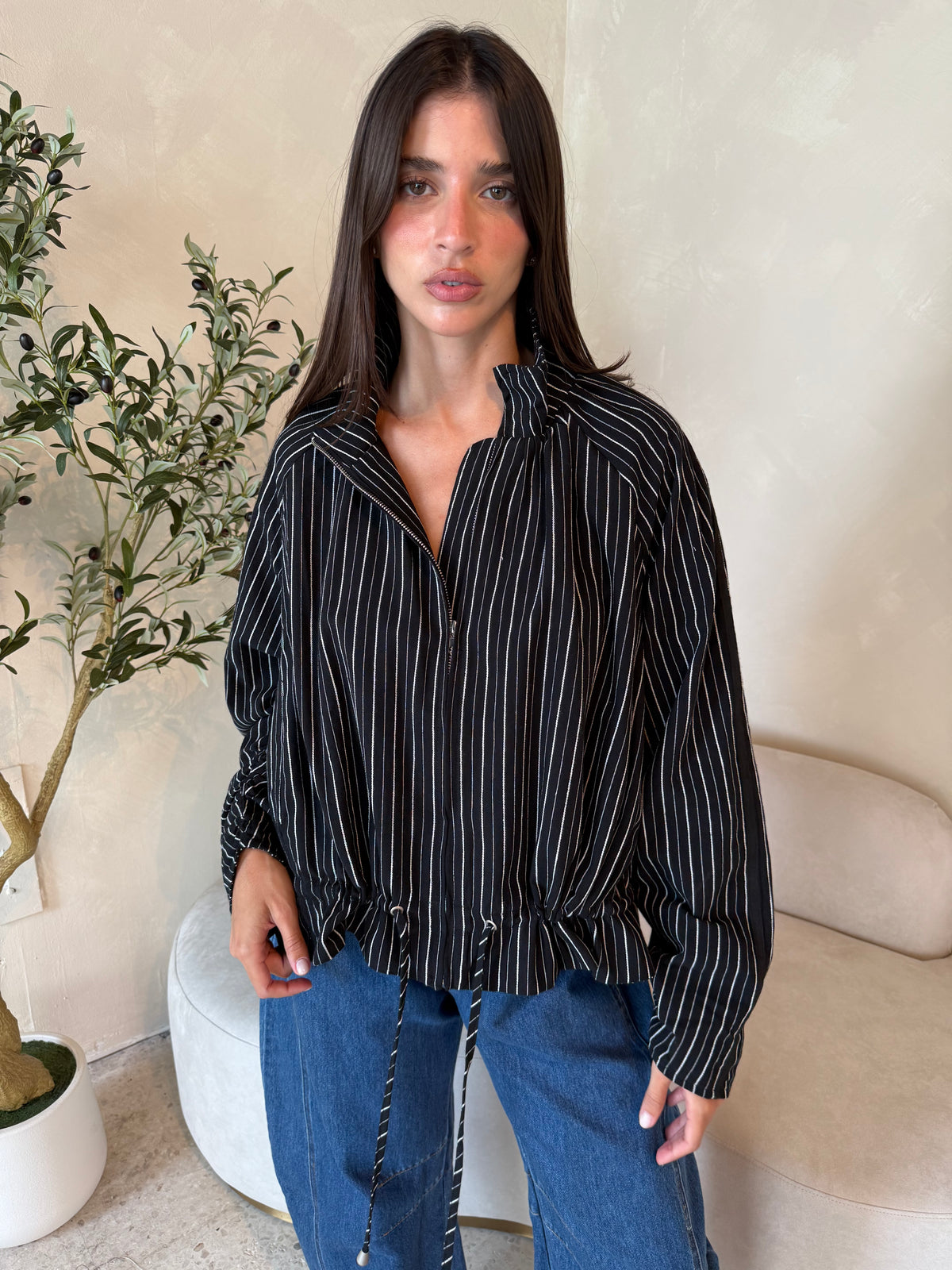 Linen Stripe Balloon Jacket