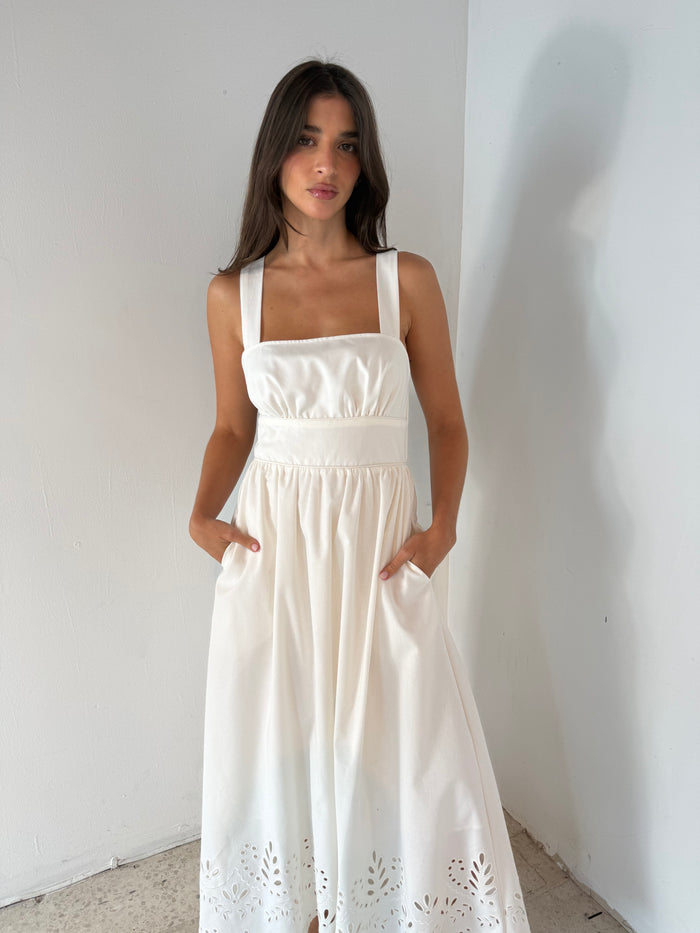 Linen Border Eyelet Midi Dress